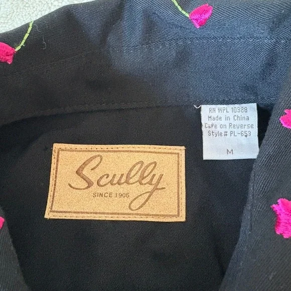 Scully Floral Embroidered Rhinestone Western Snap Front Shirt Women's M Black - Picture 4 of 13